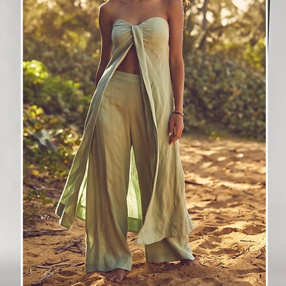 Free People Banita Pant Set Linen Cotton Split Top Wide Leg High-Waisted Purple - Picture 7 of 12